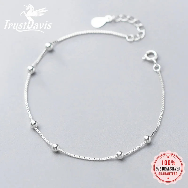 925 Sterling Silver Minimalist Box Chain Beads Bracelet Anklets for Women Girls Wedding Jewelry Gift TrustDavis DS1892 anklet bracelets silver anklets silver bead bracelet ankle chain