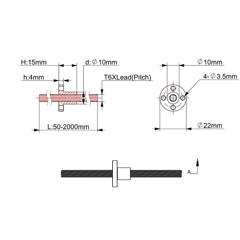 T6 Thread 6mm Trapezoidal Lead Screw Lead with Brass Nut 1mm 2mm 4mm 6mm 12mm Length 100mm150mm200mm250mm3d printer accesoires