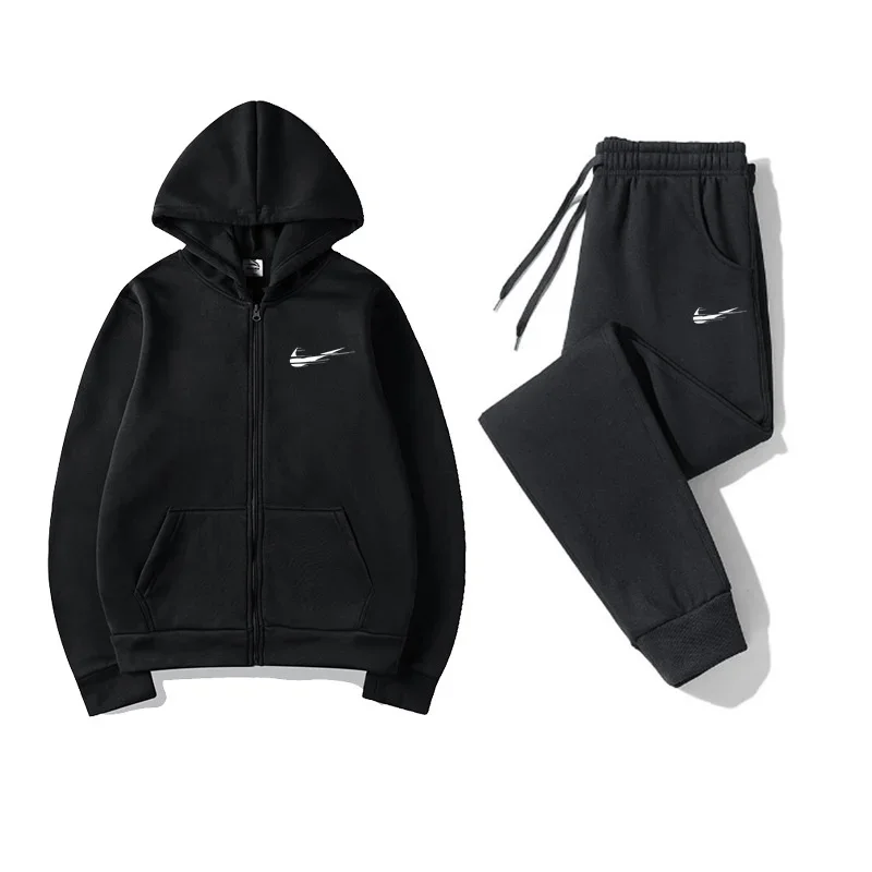 

Men's Printed Casual Workout Suit, Hooded Jacket, Black Sweatshirt, Solid Color, Workout, Running Sportswear, Men's Fashion, 2-P