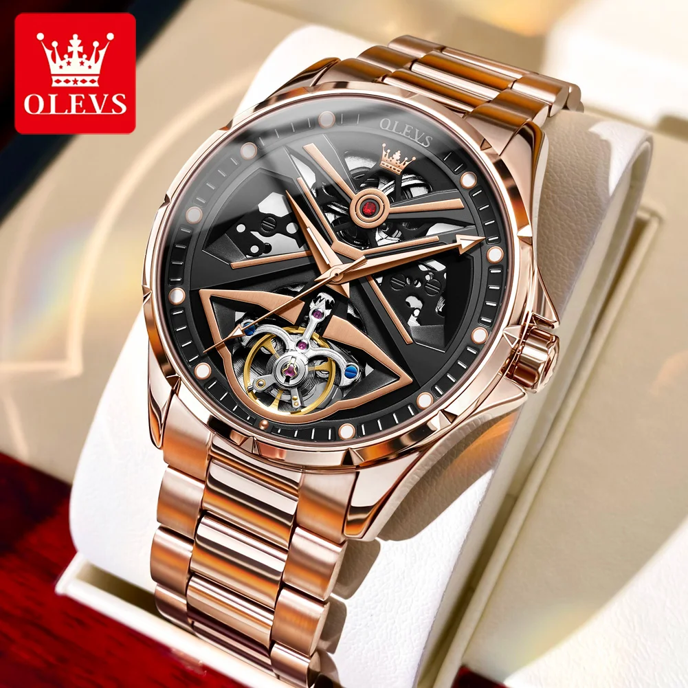 

OLEVS Luxury Skeleton Tourbillon Watch for Men Stainless Steel Rose Gold Mechanical Watches Mens Waterproof Hollow Wristwatch