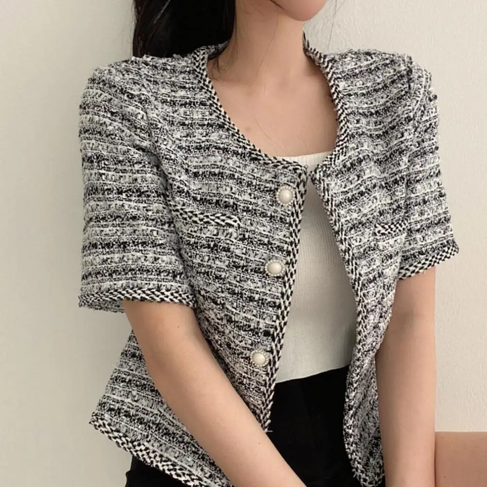 

Women Coat French Style Elegant Short Sleeve Women's Single-breasted Color Matching Jacket for Spring Fall Fashion