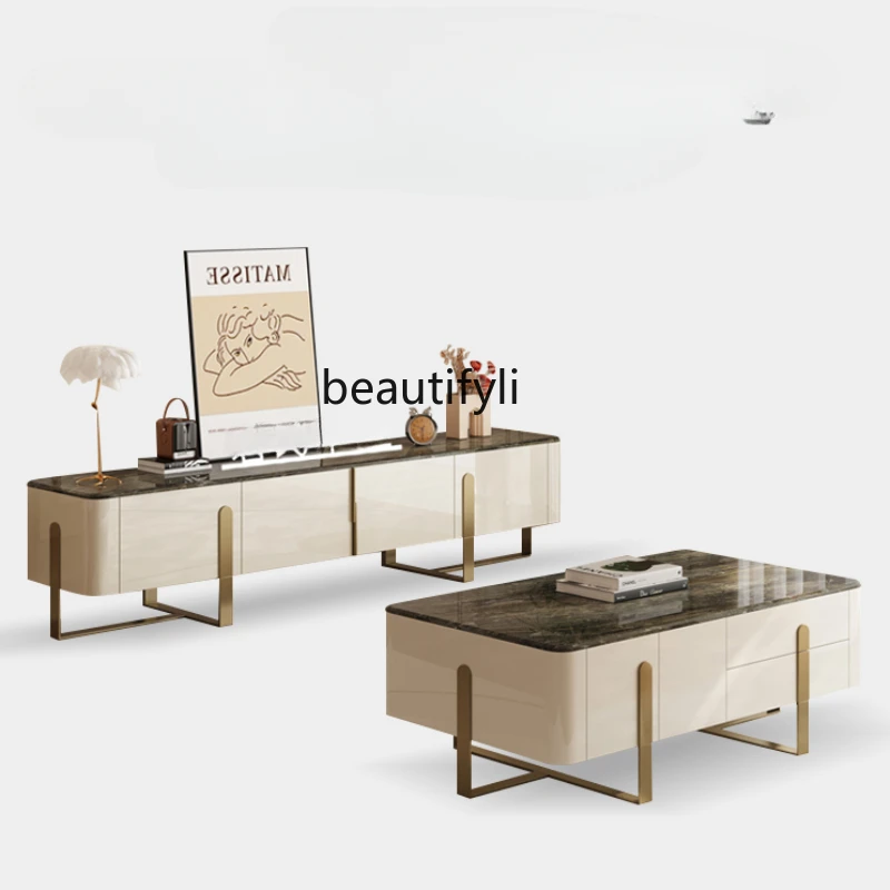 

Affordable Luxury Style Stone Plate Coffee Table TV Cabinet Combination Italian Solid Wood Multi-Layer Floor Cabinet