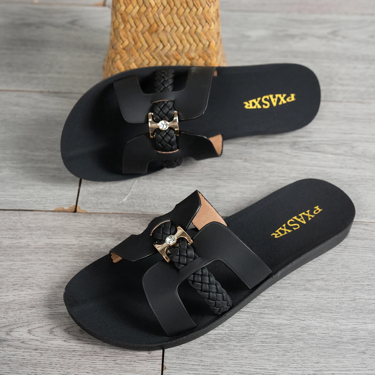 Gold Embellished Rhinestone Buckle Braided Strap Women's Flat Sandals