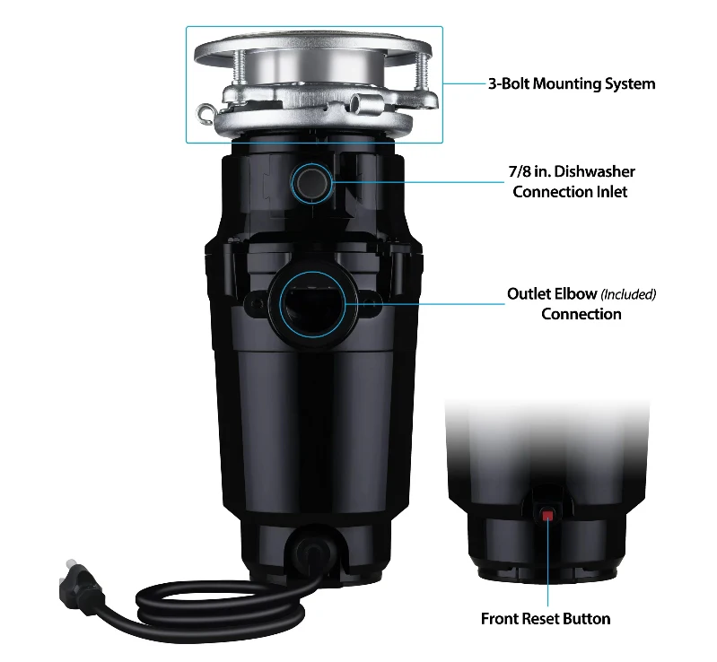 Waste Maid 1/3 HP Garbage Disposal, Includes Attached Power Cord 10-US-WM-048-3B 2