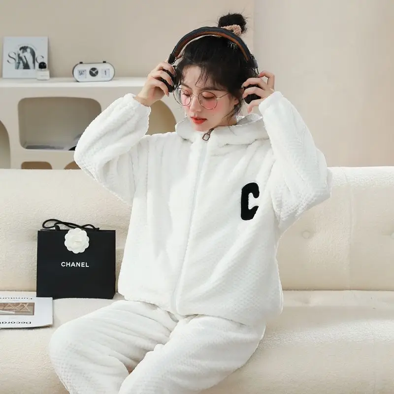 Women Autumn Winter Nightwear Thick Plush Coral Velvet Pajamas Female Student Dorm Sleepweaer Zipper Flannel Home Clothing Set