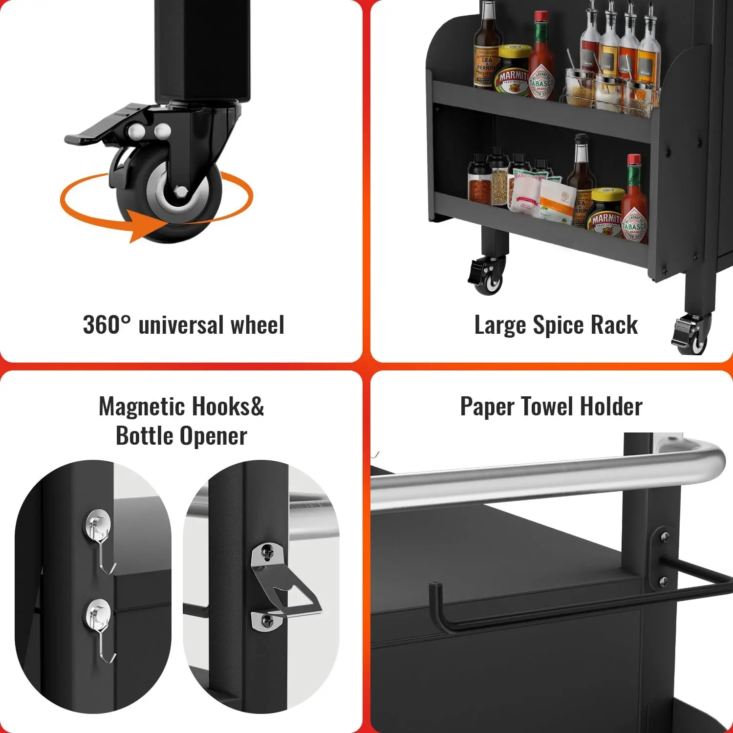 XL Outdoor Grill Cart with Cabinet, Extra-Wide Stainless Steel Table Top, Large Spice Rack & Lockable Wheels,Customized 5