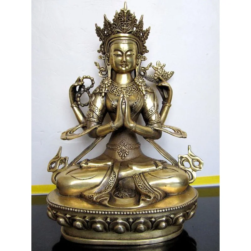 

Гуаньинь Бодхисаттва, четыре руки Авалокитешвара, статуя Будды из чистой меди, статуя, фигурка, Тибетский буддизм ~