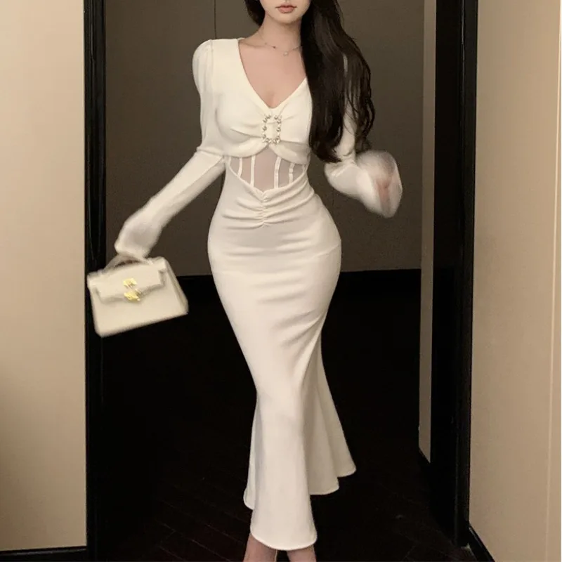 

2024 Women Autumn Elegant Office Lady Bodycon Fishtail Long Dress French Vintage Y2k Dress Korean Retro Fashion Clothing