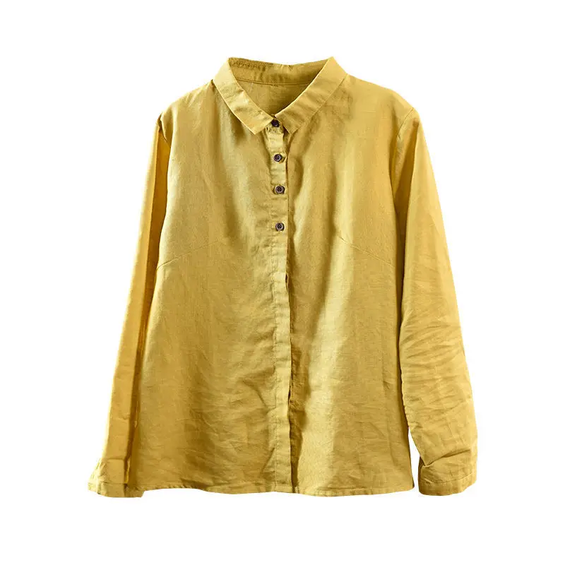 Women's Spring Autumn Solid Color Standing Neck Button Temperament Long Sleeved Loose Casual Versatile Cotton Linen Shirt Tops
