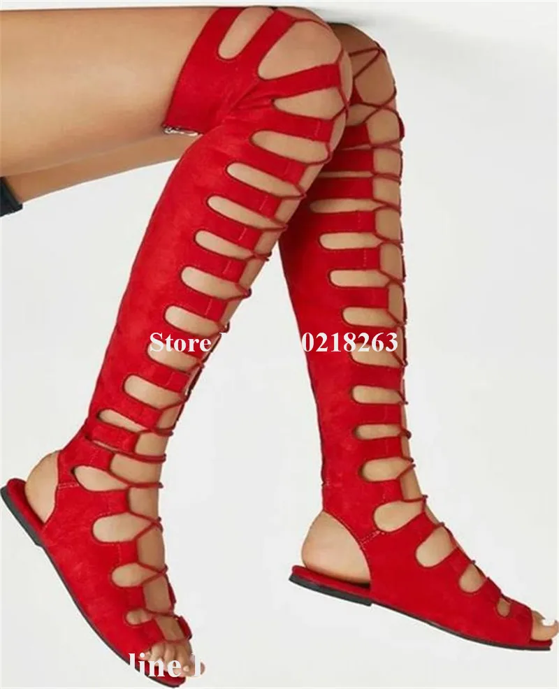 

Flat Slim Over Knee Boots Emeline Dubois Newest Open Toe Suede Red Blue Flat Beach Shoes Lace-up Cut-out Long Sandals Big Size