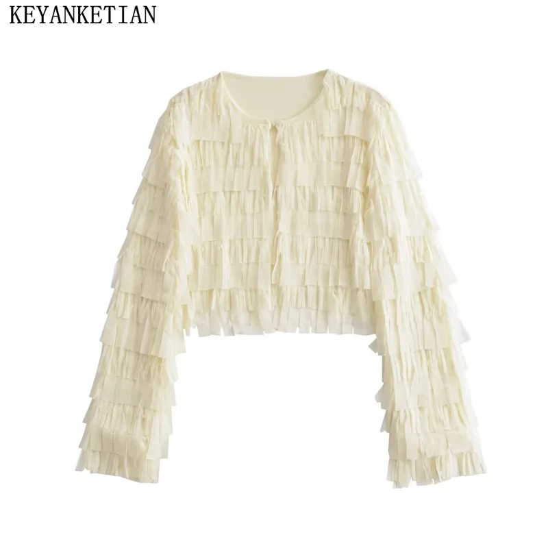 

Осенняя Новая женская короткая куртка KEYANKETIAN с украшением в виде кисточек, праздничный однобортный укороченный топ с круглым вырезом, Женская куртка
