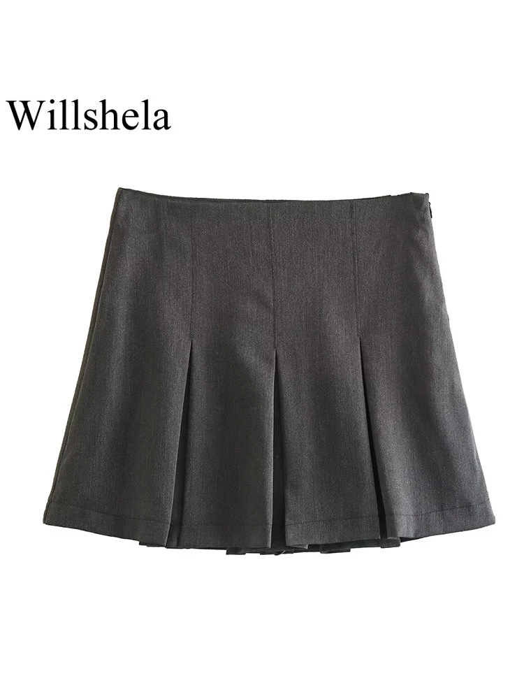 Willshela Women Fashion Solid Pleated Side Zipper Skirts Shorts Vintage