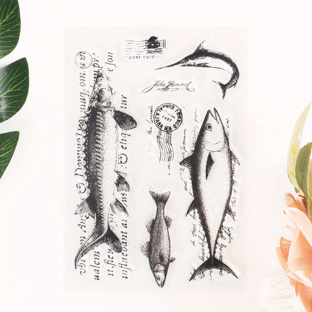 11*16CM Ocean Theme Series Silicone Clear Stamps for Junk Journal Decorative Scrapbooking Album Planner Supplies Fish Text Stamp