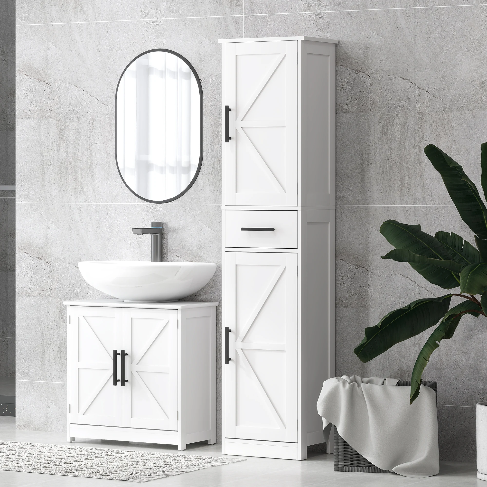HOMCOM 67" Tall Narrow Bathroom Storage Cabinet - Farmhouse Style With Barn Door-506410