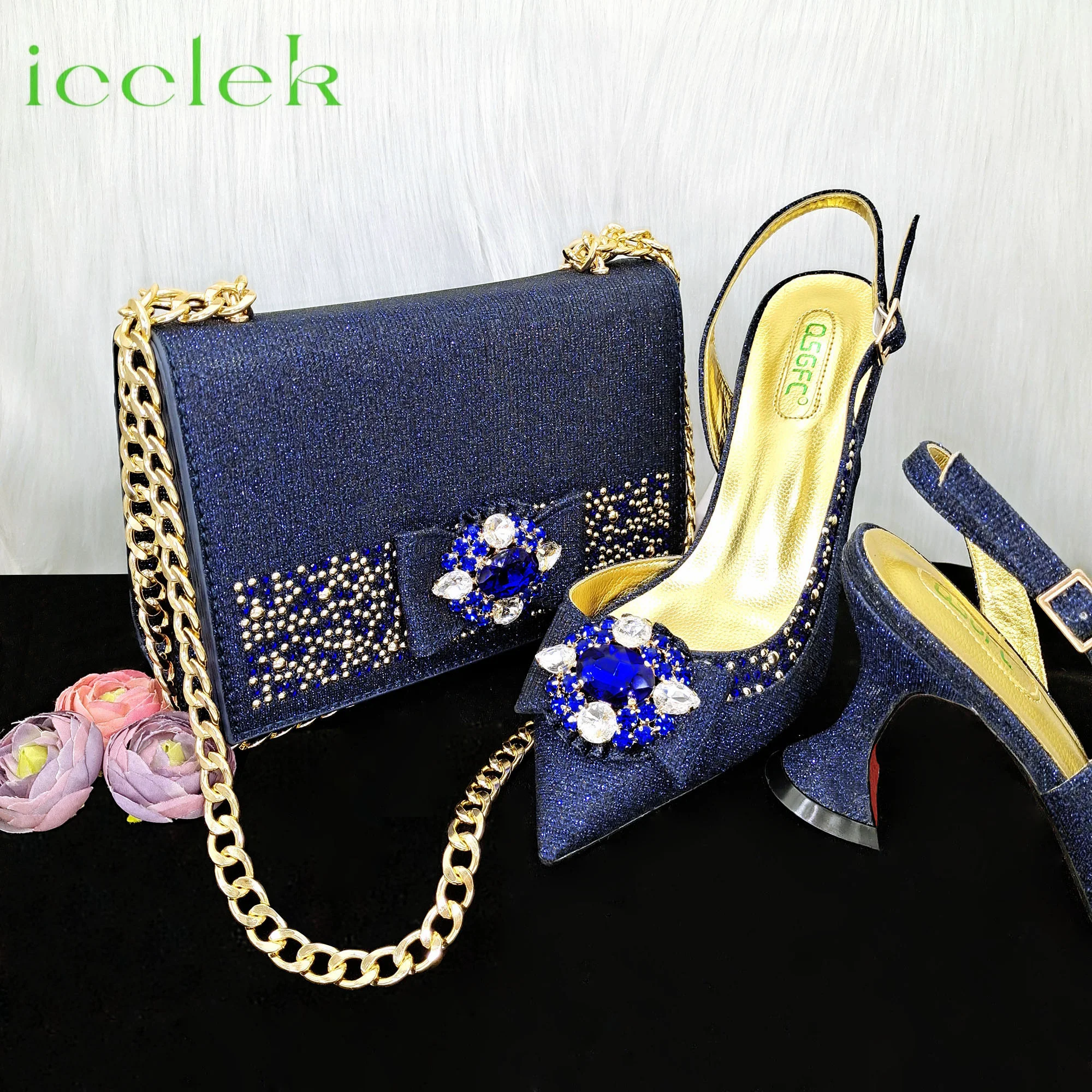

Navy Blue Fashion Style Pointed Toe Spike Heels Ladies Shoes Matching Bag Set For America Women Party Pump