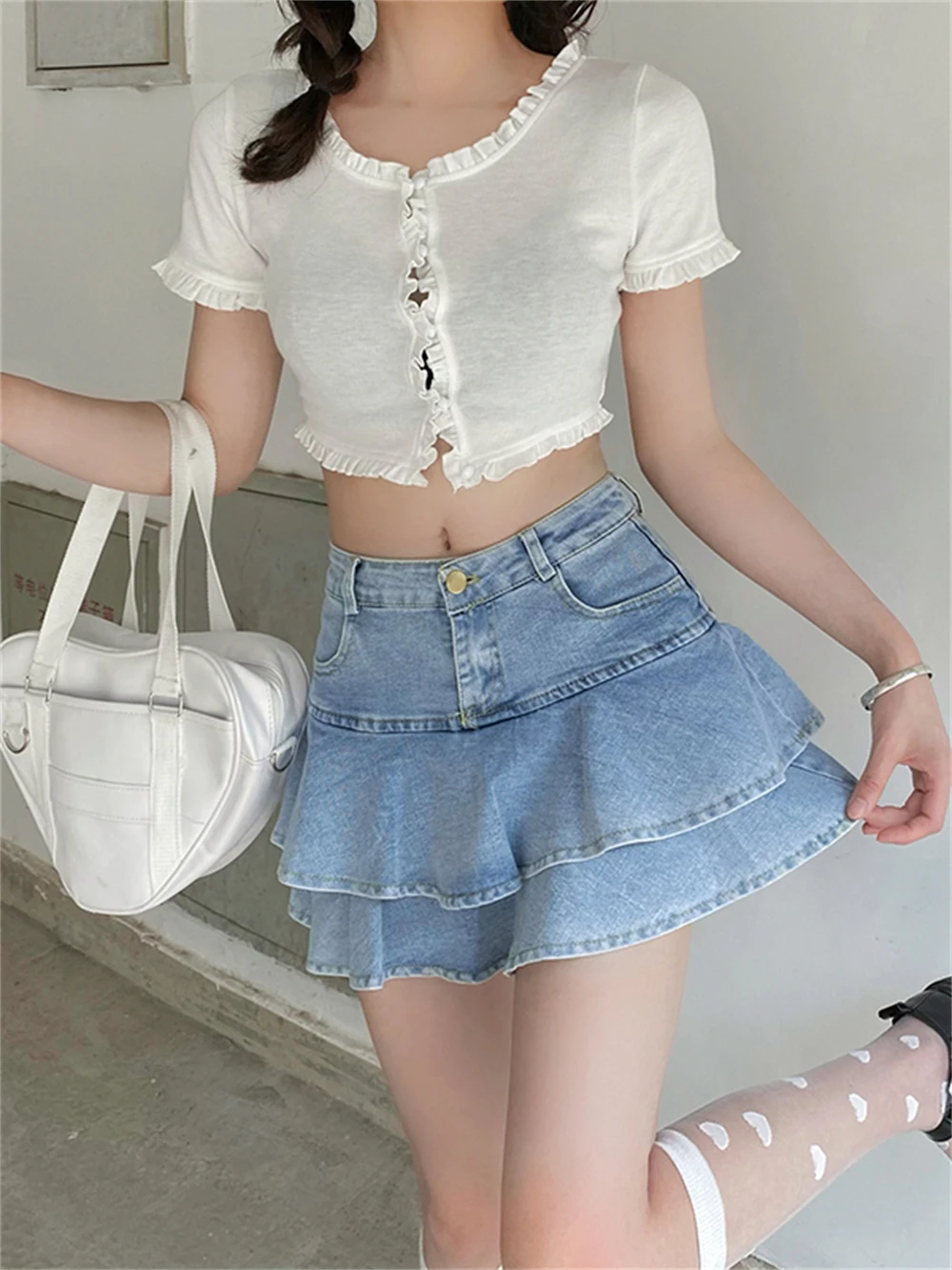 Fairycore Aesthetic Denim Mini Skirt With Ruffles Grunge Y2k Blue Cute Pleated Skirts High Waisted Korean Style Women Costumes