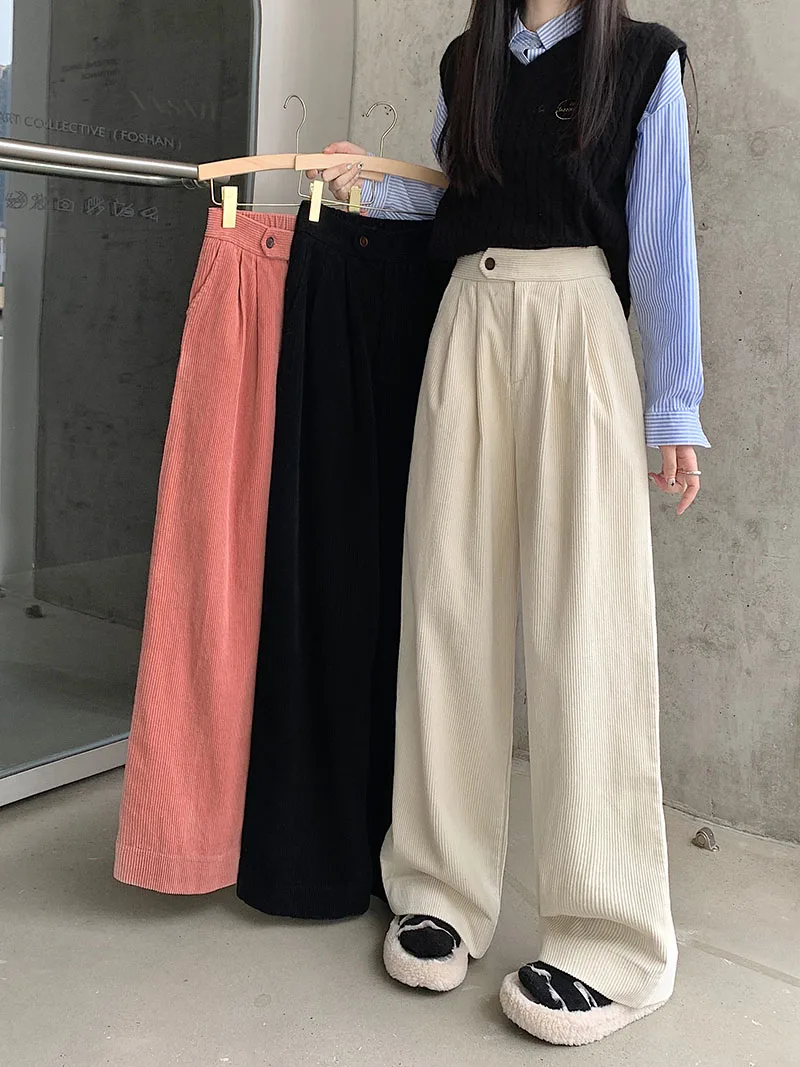 

Design Style Wide Leg Corduroy Pants Women Korean Fashion High Waist Loose Straight Trouser Retro All Match Solid Outwear Pant