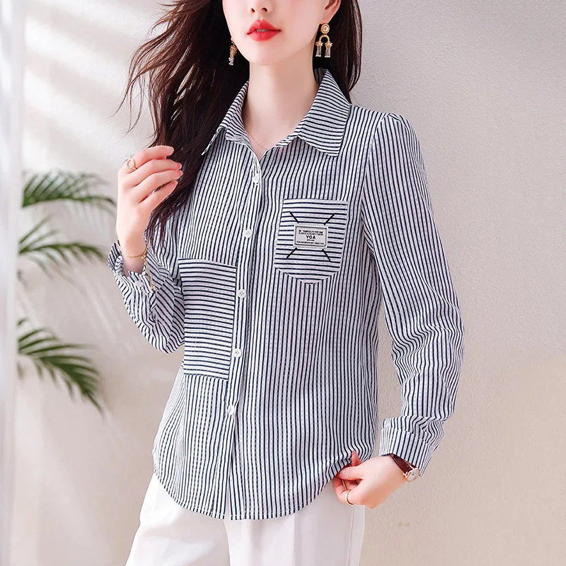 

Autumn Long Sleeved Simple Casual Striped Patchwork Shirt Women Clothing Pockets Single Breasted Chic Blouse Tops