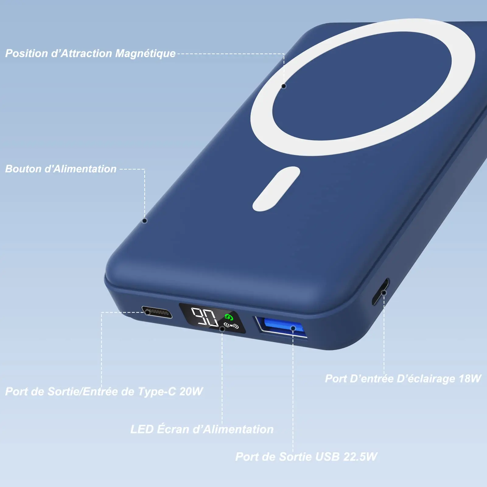 Mag-Safe 보조배터리 무선 마그네틱 외장 배터리, PD 20W 고속 충전, 10000mAh 접이식 휴대용 무선 충전기