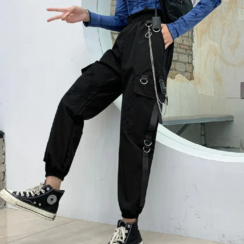 

Брюки женские черные с боковыми карманами, сафари, эластичные штаны с манжетами, повседневные брюки-карго