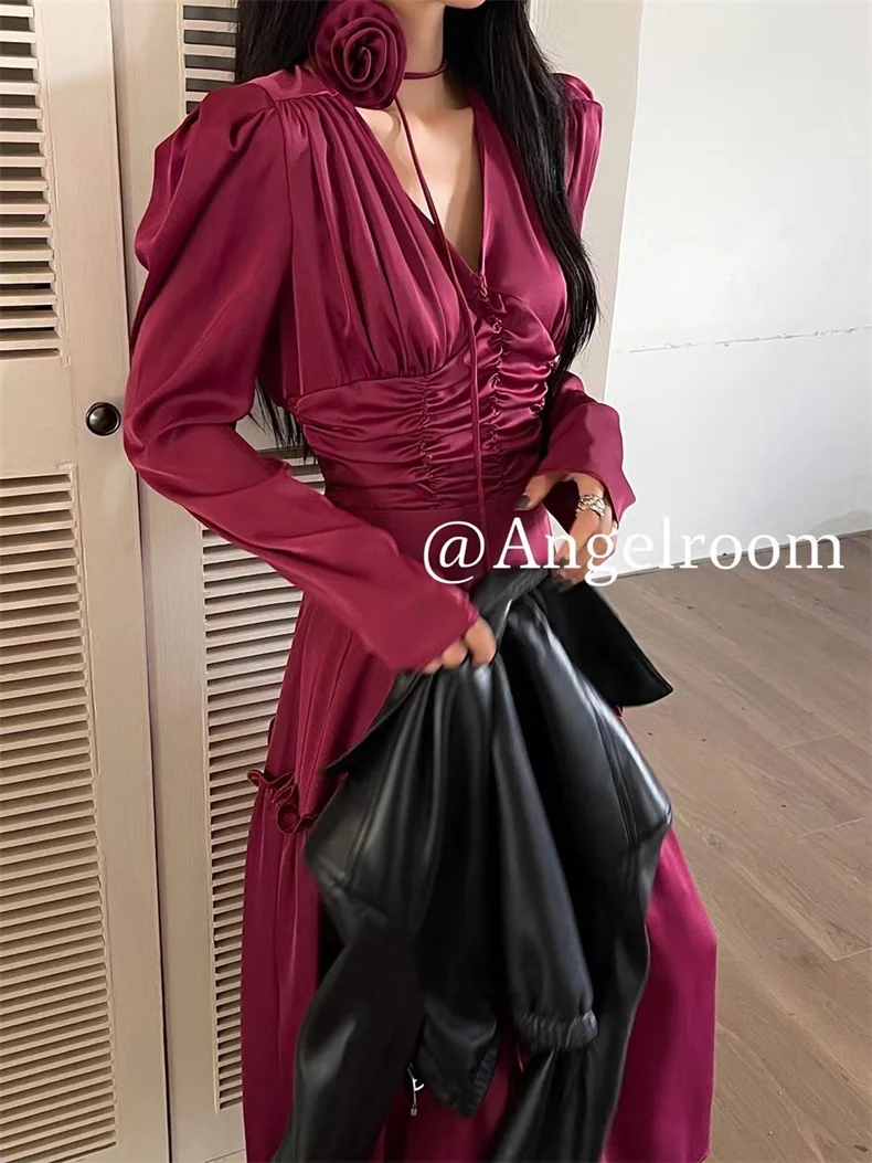 Autumn Satin Midi Dresses for Women Long Sleeve V-neck Folds Design A-line Korean Fashion Office Lady One Piece Vestidos New