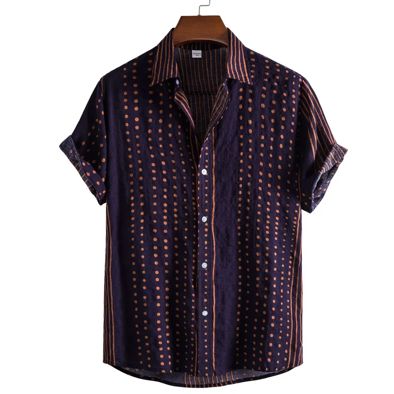 2023 Summer New Fashion Turn-down Collar Short Sleeve Shirt Man Casual Loose Striped Printing Button Cotton All-match Cardigan