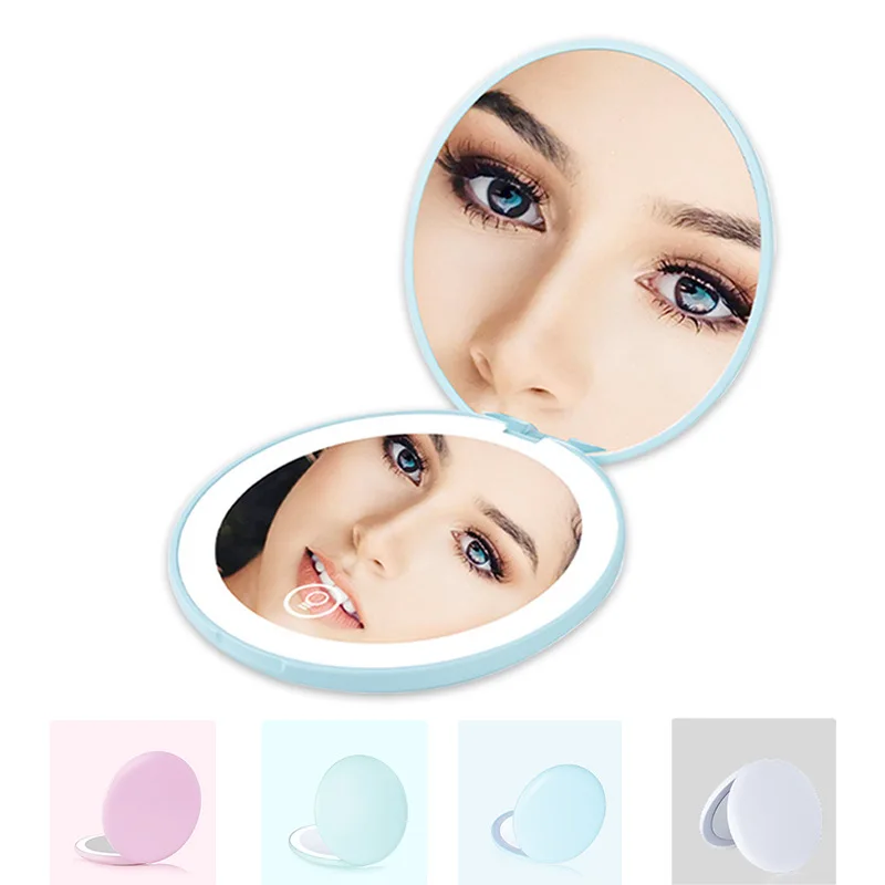 

led lighted mini circular makeup mirror Makeup Cosmetic Mirror Foldable 10X Magnifying Round Lighting Mirrors Compact Travel