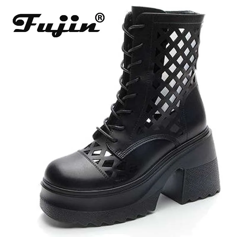 

Fujin 10cm Ankle Breathable Summer Hollow Moccasins Motorcycle Boots Genuine Leather Woman Fashion Sandals Openwork Shoes Boot