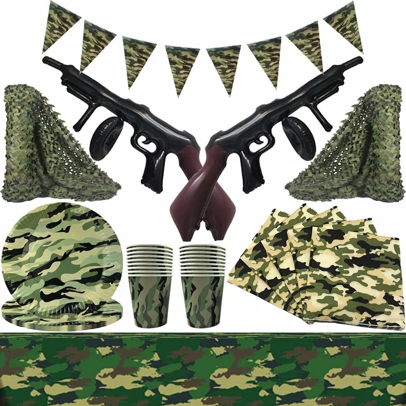 

Camouflage Tableware Plates Cups Napkins Tablecloth Birthday Banner Boy Military Birthday Party Decorations Gun Balloon