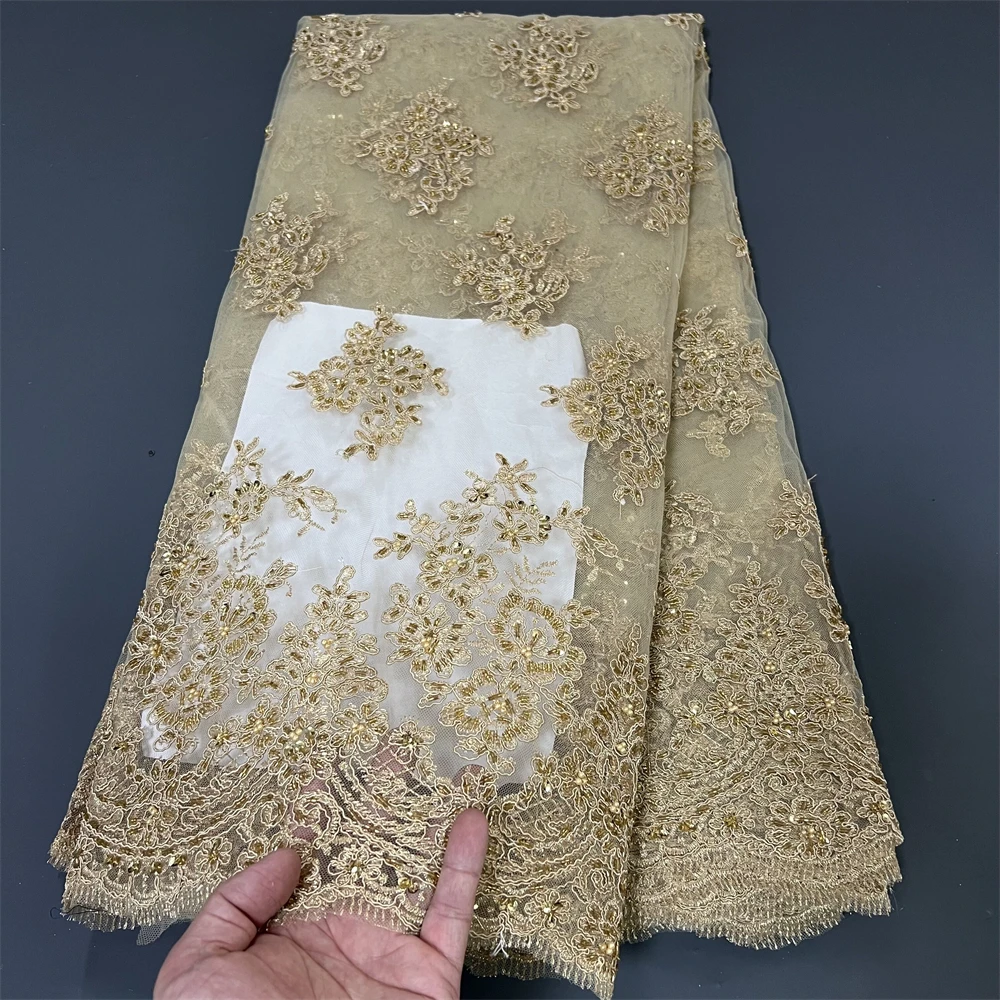 

High Quality 2024 African Nigeria Sequins Tulle Lace Fabric French Embroidery Wedding Party Guipure Dress Beads Stone 5Yards