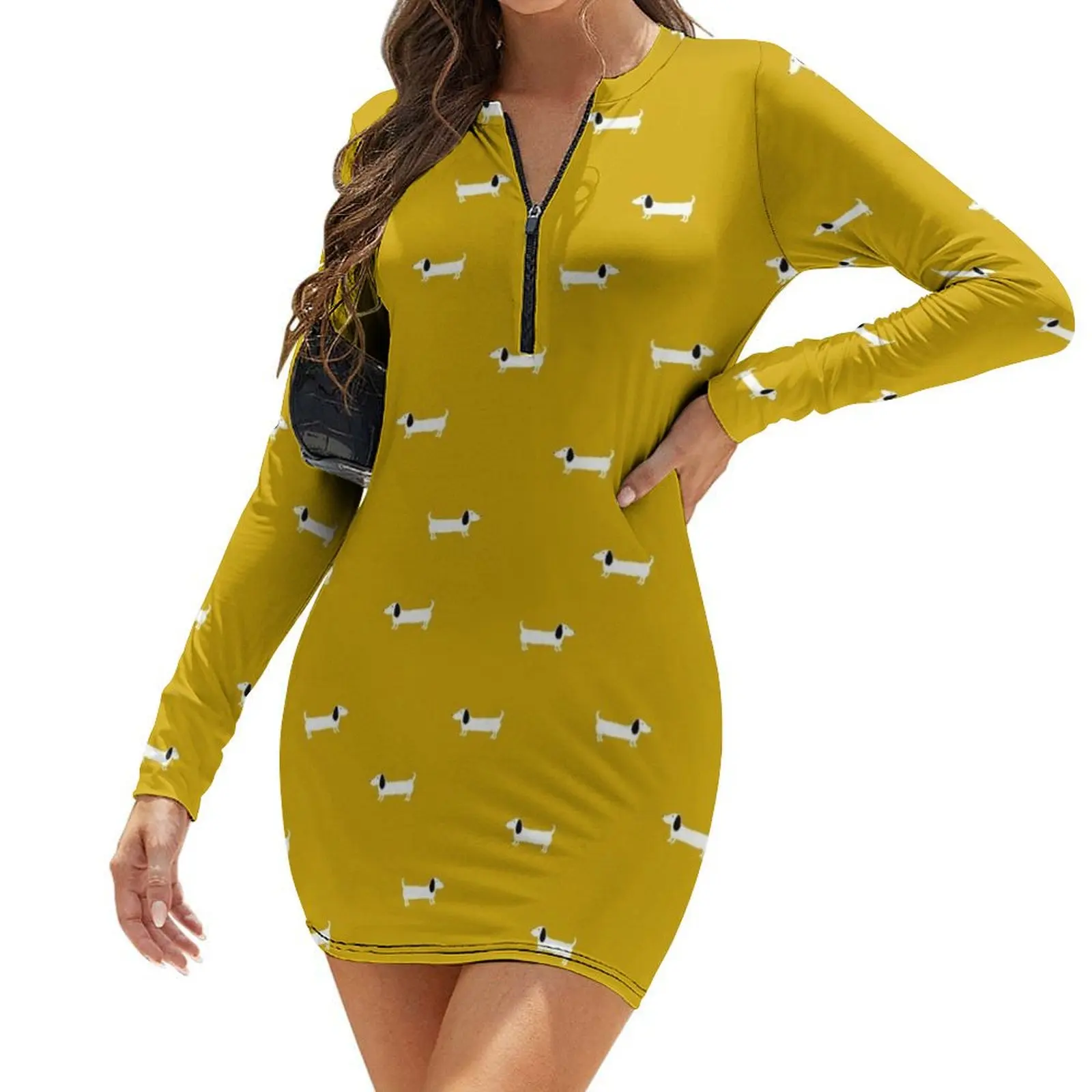 

Dog dachshund pattern Long-Sleeve Bodycon Dress long sleeve dress summer outfits for women 2024 wedding guest dress 2024