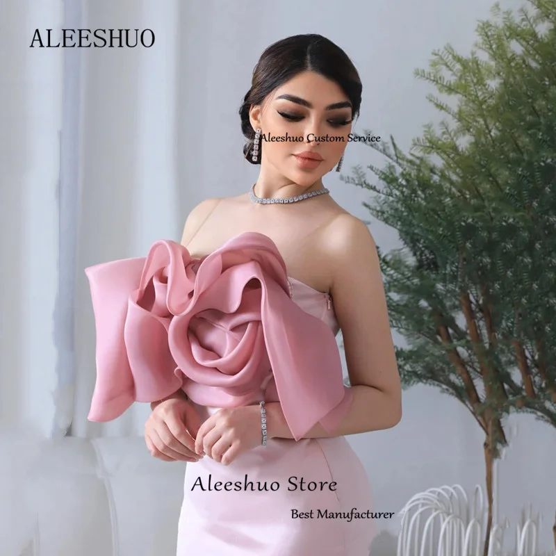 Aleeshuo-Sereia cetim vestido de baile, vestidos de festa sem alças, até o chão, plissado, flor, sem mangas, moderno