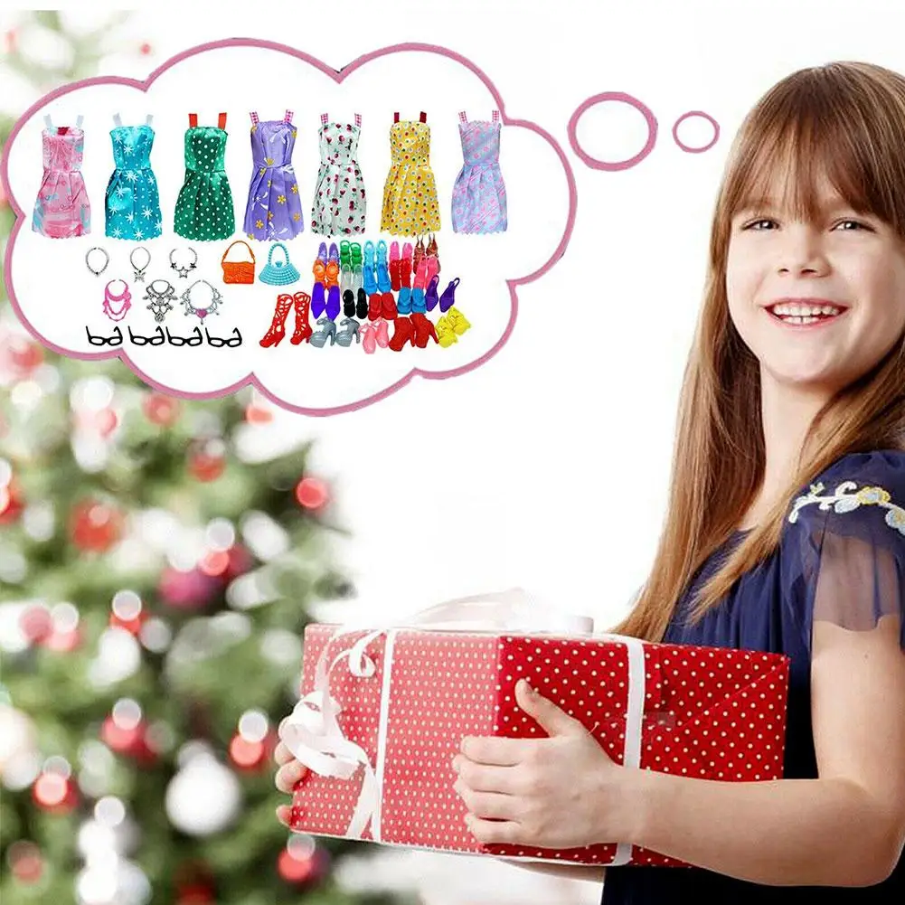 35종/세트 인형 액세서리 10가지 믹스 패션 귀여운 드레스 10켤레 신발 4개 안경 6개 목걸이 2개 핸드백 3개 왕관 바비 인형용 드레스업 세트