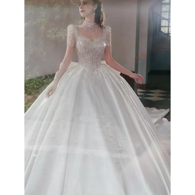 Satin Main Wedding Dress Bride Embroidery One Shoulder And Half Sleeves Outdoor Yarn Retro Heavy Industry Tail Customized
