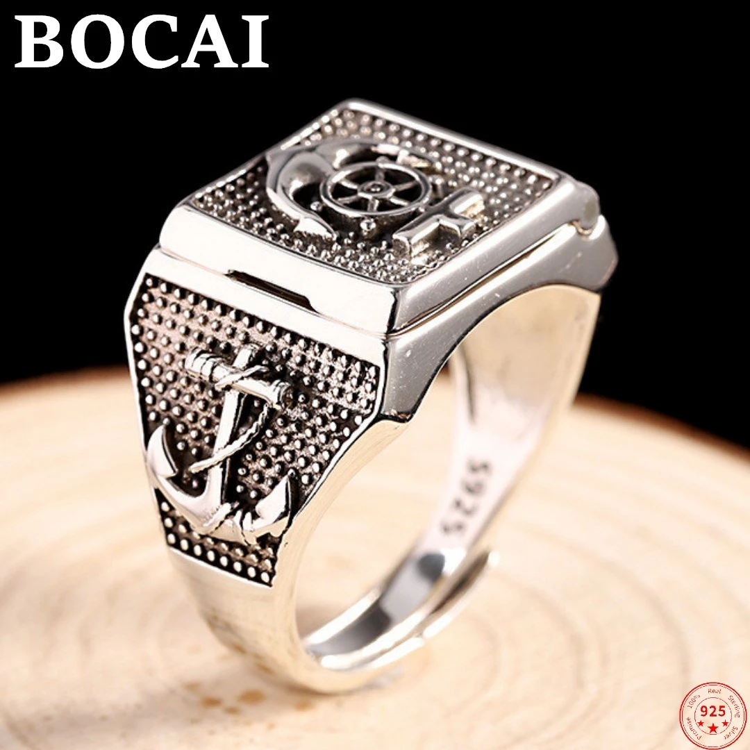 BOCAI de plata de ley S925 para hombre, joyería de mano Punk con ancla de barco tallado en 3D, 2022| | - AliExpress
