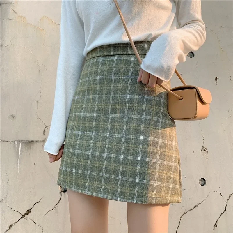 Women High Waist Casual Winter Ulzzang Sweet Chic Large Size A-Line Short Skirts Autumn Plaid Female College Harajuku Skirt Ins