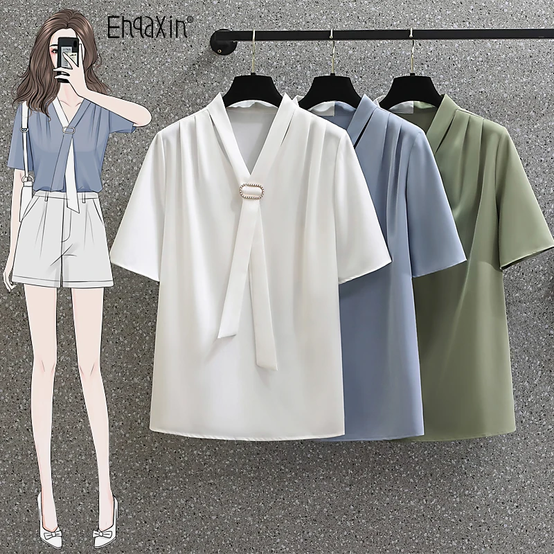 

EHQAXIN Summer Womens Chiffon Tops 2022 New Fashion V-Neck Short Sleeve Casual Exquisite Buttons Shirts For Ladies M-4XL