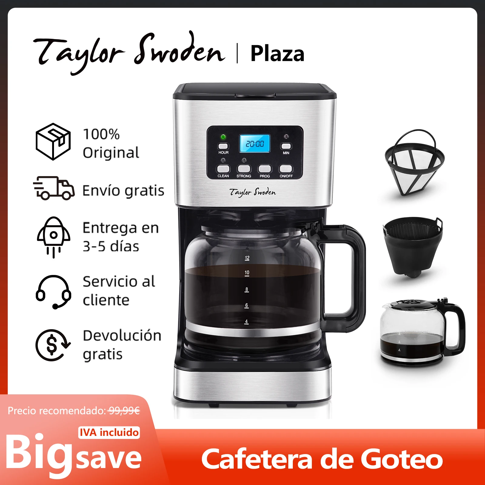 Cafetera de Goteo Eléctrica, con Filtro Reutilizable, Pantalla LCD, Programable 24 H, Auto Limpieza, Capacidad 12 Tazas, 950W