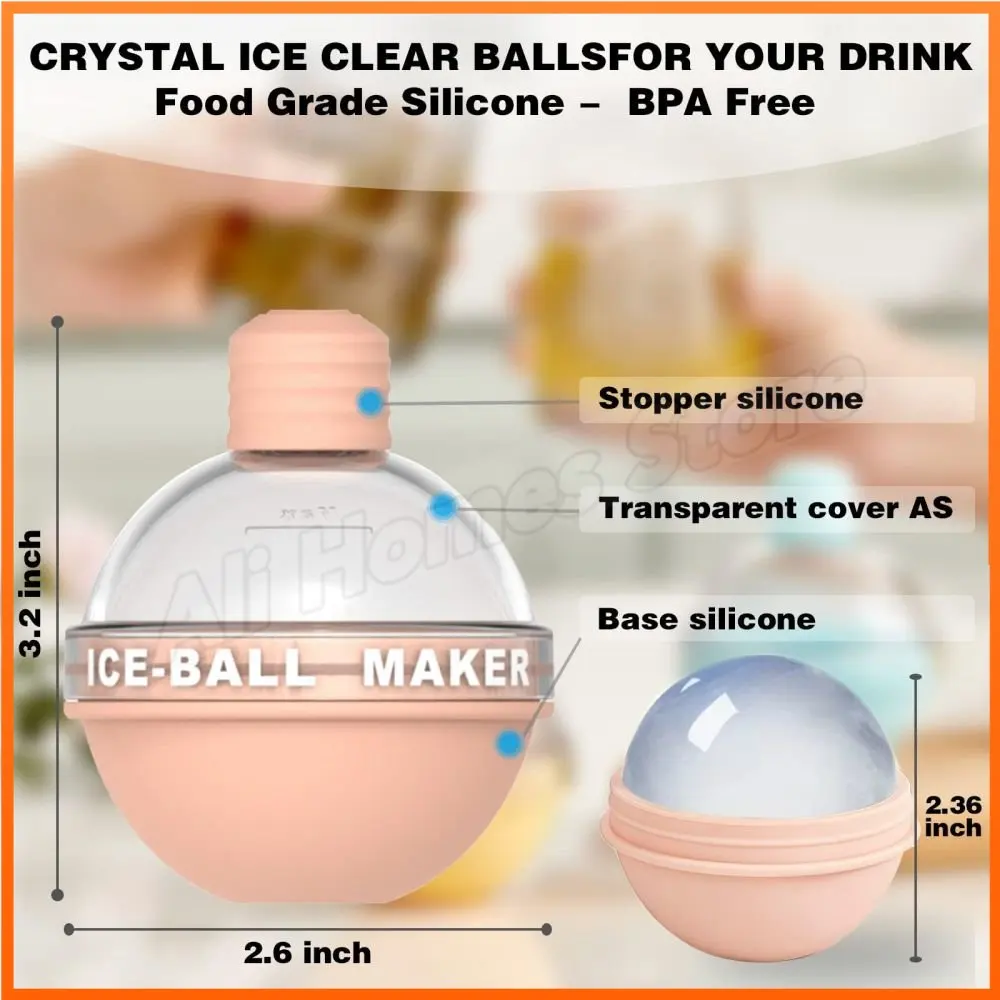 Crystal Clear Ice Cube Maker - 2.36 Inch Clear Ice Ball Mold, 2 Large  Silicone Sphere Ice Cube Tray for Whiskey, Cocktail and Drinks, With Ice  Tongs