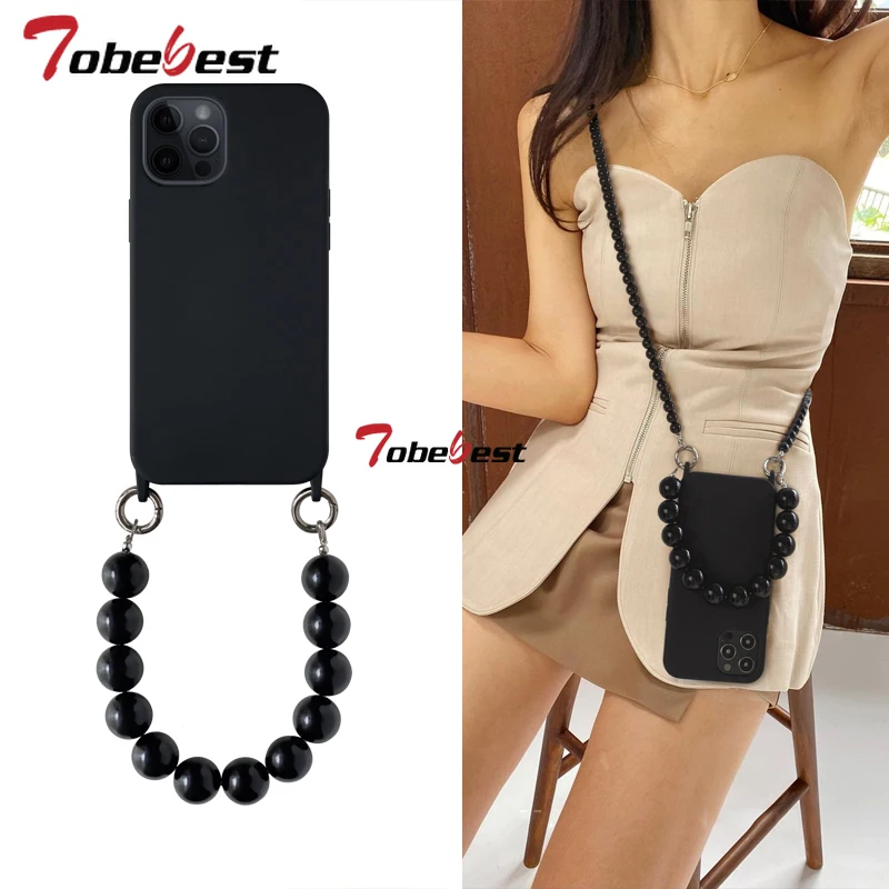 INS Crossbody Lanyard Necklace Silicone Phone Case with Round Bead Chain