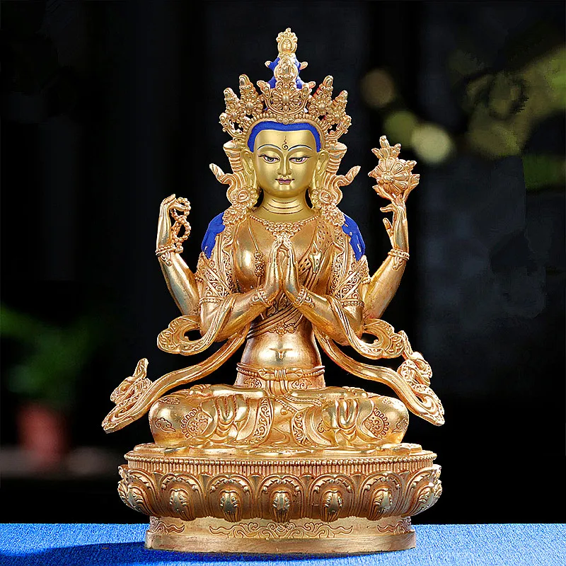 

Gold Plated Copper Four-arms Guanyin Exquisite Carving Buddhist Retro Carving Tranic Temple Decorate Bodhisattva Figurine