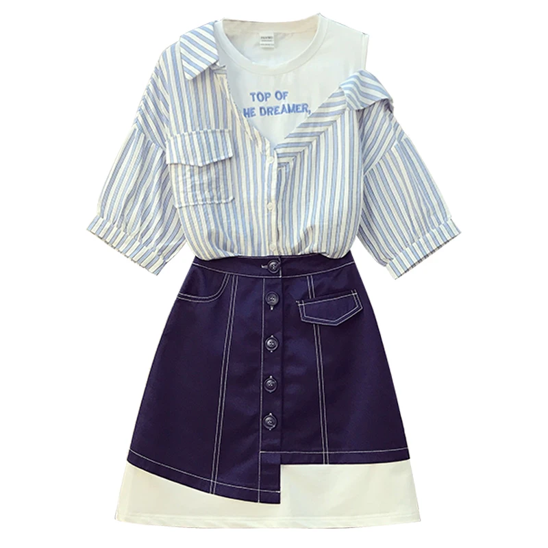 

2023 Summer Plus Size Womenswear New Striped Panels Fake Two Piece Top Slimming Skirt Set Female Clothing Free Shipping