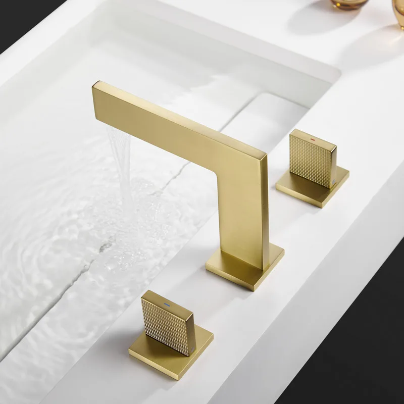 

3 Hole 2 Handle Widespread Waterfall Bathroom Basin Faucet Brushed Gold Hot &amp
