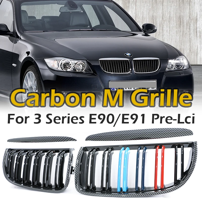 Carbon Fiber Chrome M Color Chrome Gloss Matte Black Grille Kidney Grill For BMW 3 Series E90 E91 Pre-Facelift