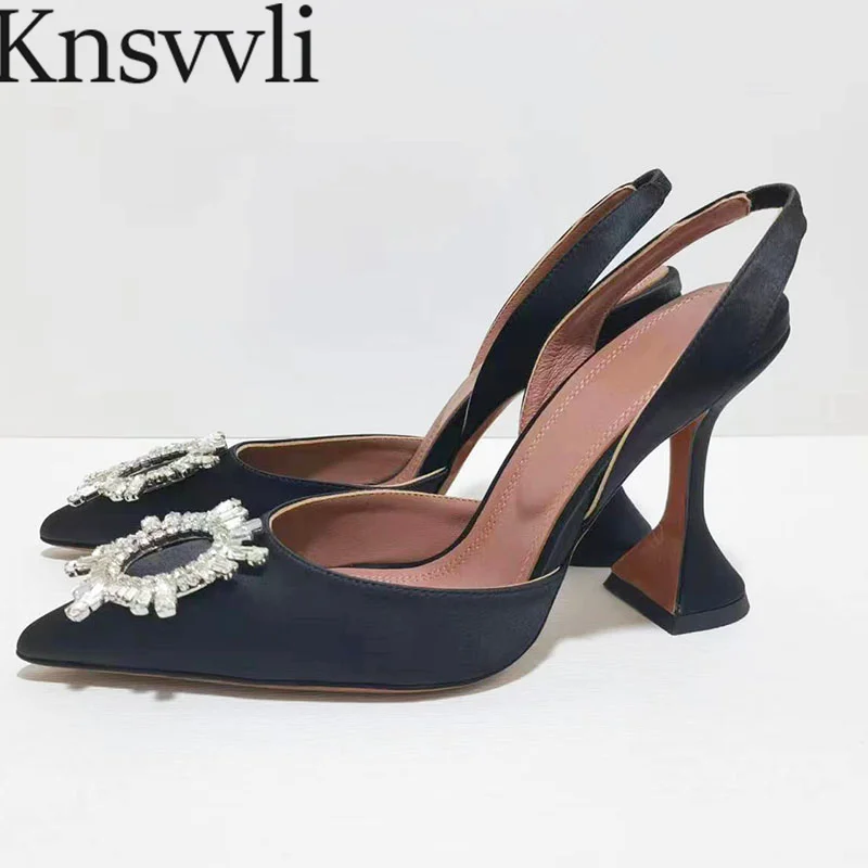 

Crystal Sun Flower High Heels Women Pumps Pointed Toe Satin Slingbacks Lady Strange Style Heels Rhinestone Summer Sandals Woman