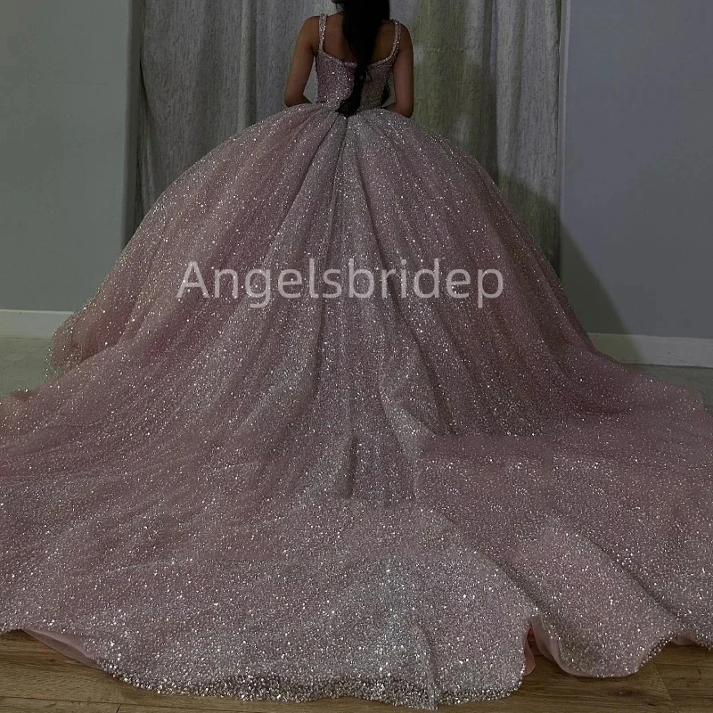 Angelsbridep Pink Glitter Tulle Sequined Ball Gown Quinceanera Dress Spaghetti Straps Party Dresses Vestidos 15 A&ntilde;os Quincea&ntilde;era