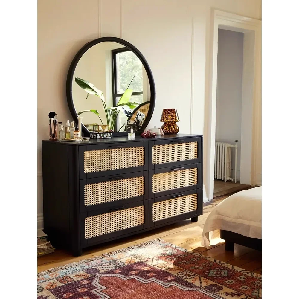 

French solid wood six bucket cabinet, retro rattan storage cabinet, quiet wind small household entrance drawer storage cabinet