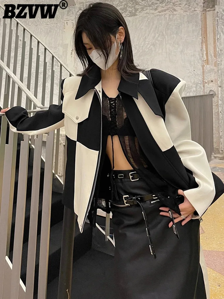 

BZVW Autumn New Black White Contrast Short Coat For Women 2023 Fashion New Design Long Sleeve Vintage Top Jacket Female 25X3477