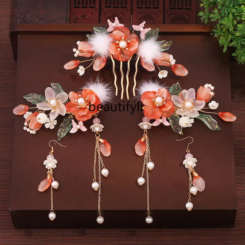

zq Headdress for Han Chinese Clothing Set Tassel a Pair of Hairclips Hair Clasp Ancient Costume Decoration Flower Barrettes