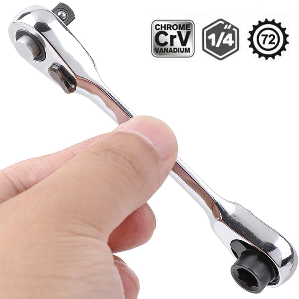 Mini llave de trinquete de doble cabeza, destornillador de enchufe de 1/4 pulgadas, llave de trinquete de liberación rápida, herramientas manuales